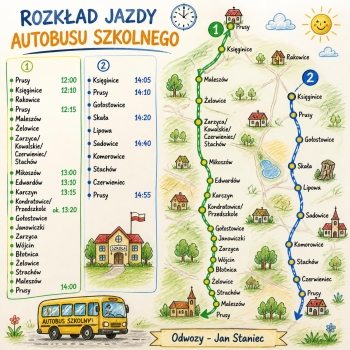 Kolorowy szkic przedstawiający rozkład jazdy autobusu szkolnego z miejscowościami i godzinami_ Prusy 12_00, Księginice 12_10, Rakowice, Prusy 12_15, Maleszów, Żelowice, Zarzyca_Kowalskie_Czerwieniec_Stachów, Mikosz